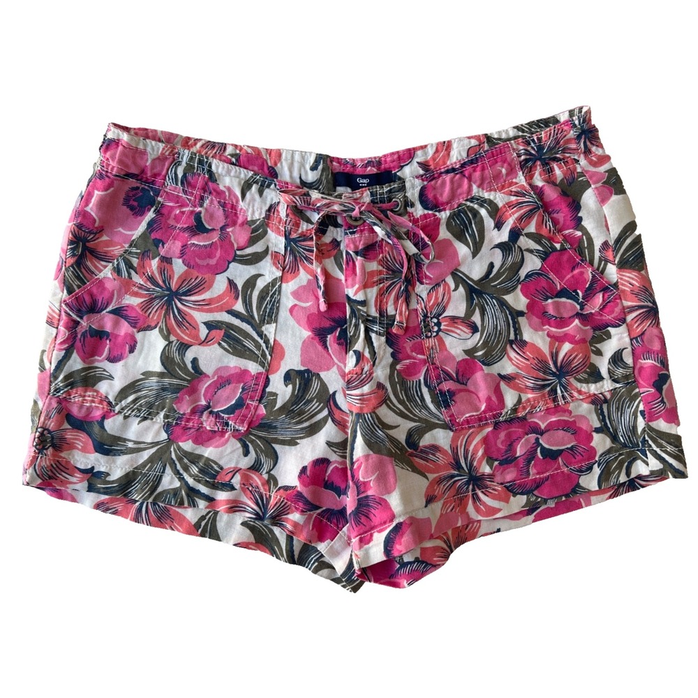 GAP Shorts Womens 4 Linen Blend Floral Pink Olive Green Boho Cottagecore